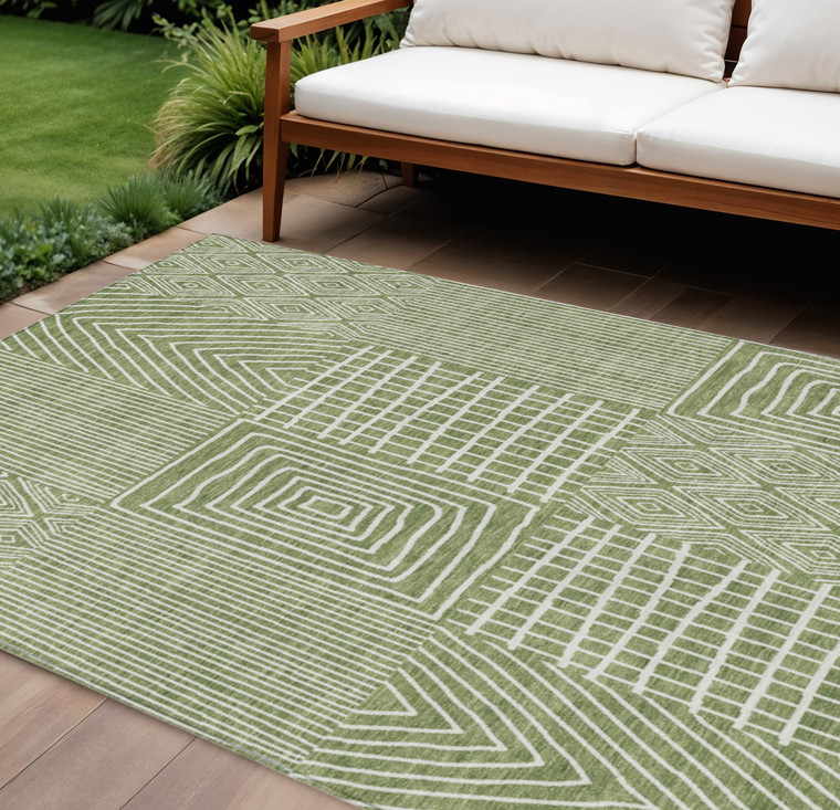 9' X 12' Green And Ivory Geometric Washable Indoor Outdoor Area Rug - 608219039455