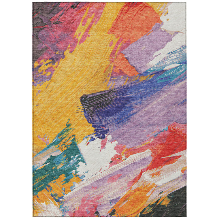 9' X 12' Gold Purple And Teal Blue Abstract Washable Indoor Outdoor Area Rug