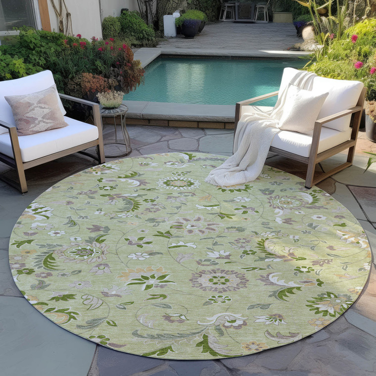 8' Artichoke Green Gray And Brown Round Floral Washable Indoor Outdoor Area Rug