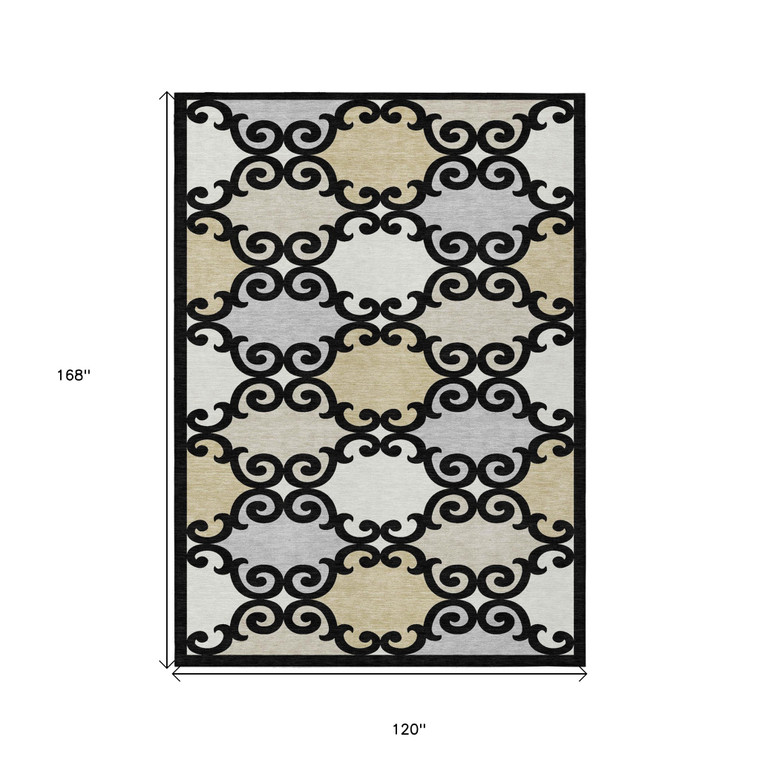 10' X 14' Black Gray And Ivory Trellis Washable Indoor Outdoor Area Rug