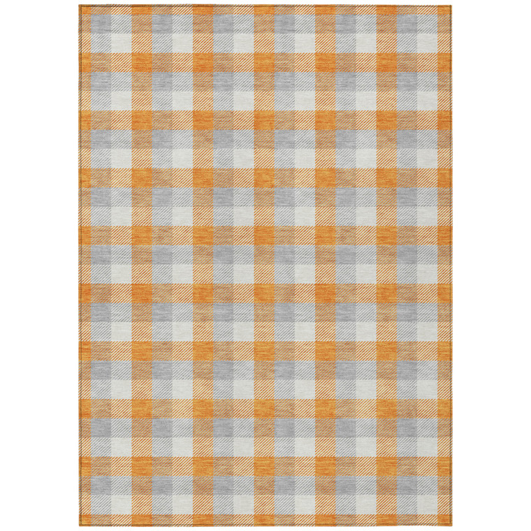 9' X 12' Orange Gray And Beige Plaid Washable Indoor Outdoor Area Rug