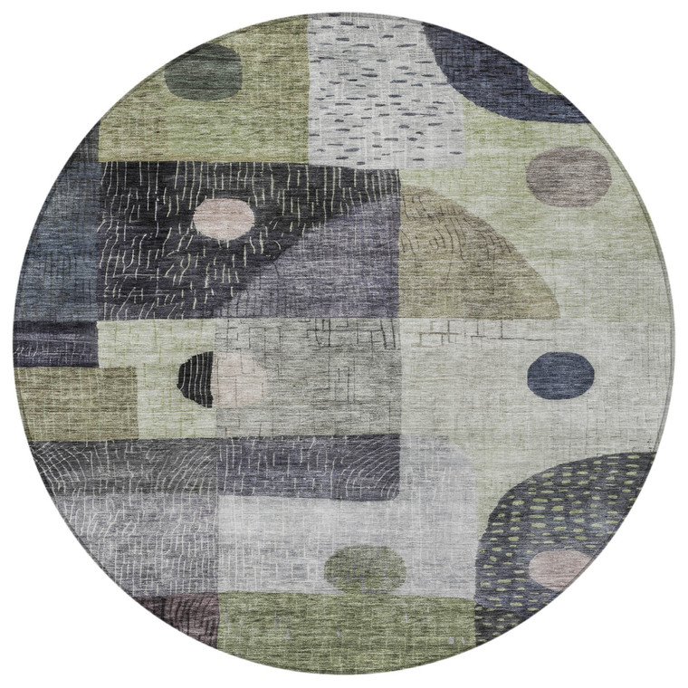 8' Artichoke Green Gray And Charcoal Round Geometric Washable Indoor Outdoor Area Rug