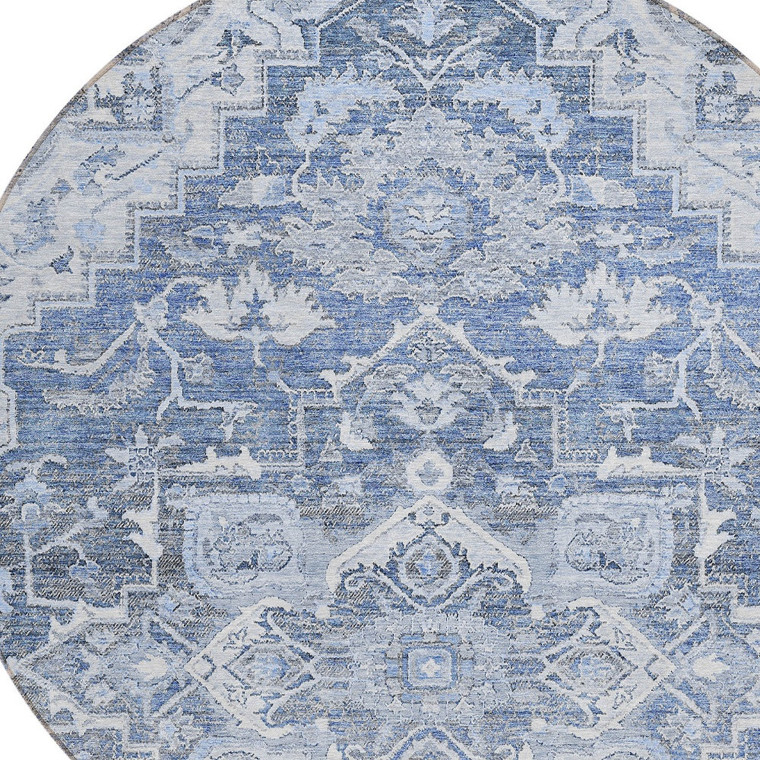 8' Denim Blue And Sky Blue Round Oriental Washable Indoor Outdoor Area Rug