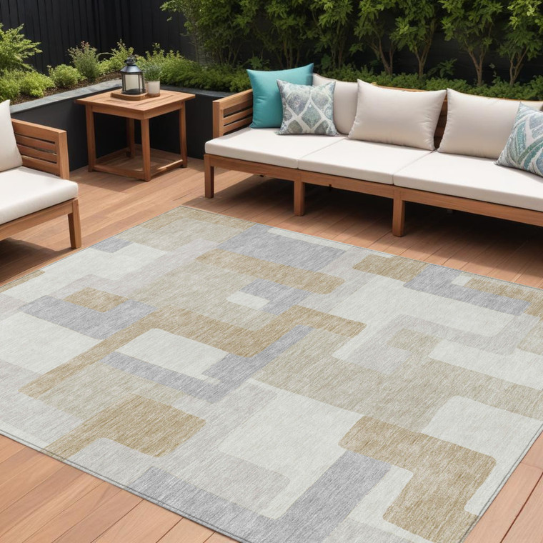 8' X 10' Ivory Beige And Gray Geometric Washable Indoor Outdoor Area Rug - Ivory, Beige, Gray