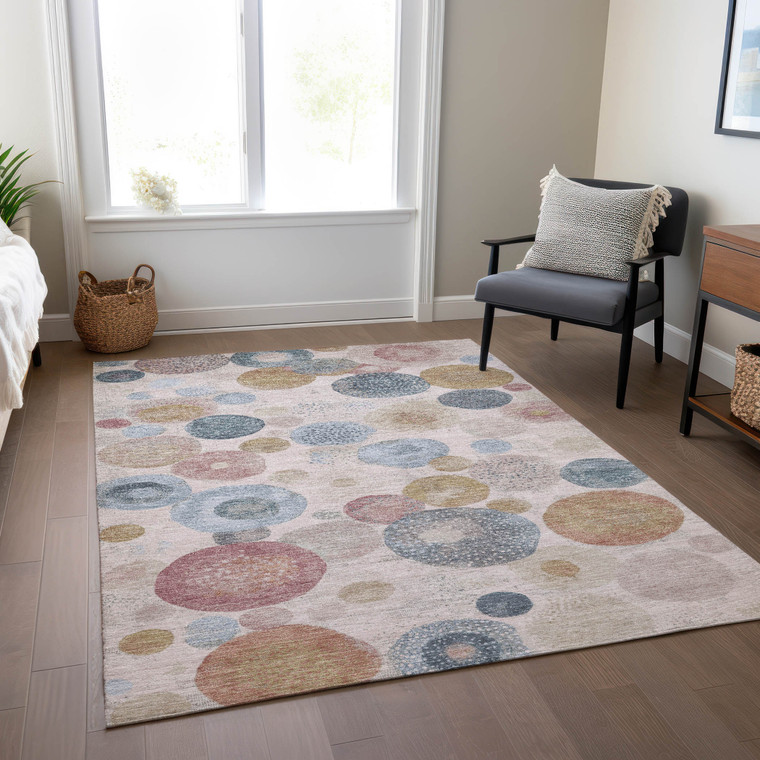 10' X 14' Blush Blue And Taupe Geometric Washable Indoor Outdoor Area Rug