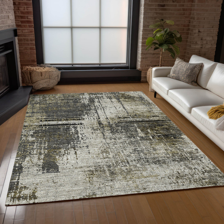 9' X 12' Taupe Beige And Olive Green Abstract Washable Indoor Outdoor Area Rug