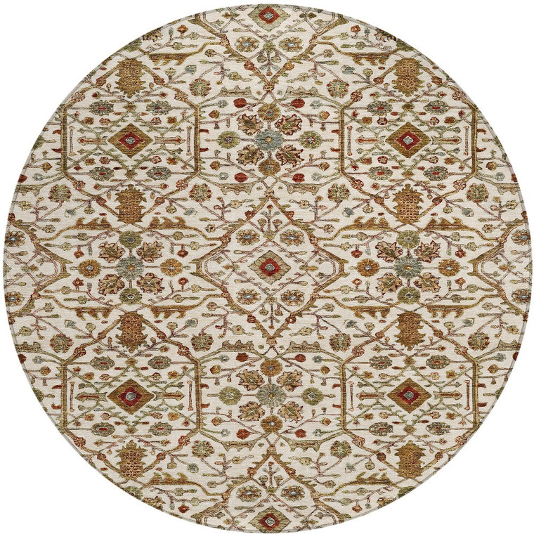 8' Ivory Brown And Red Round Floral Washable Indoor Outdoor Area Rug - 880016620719