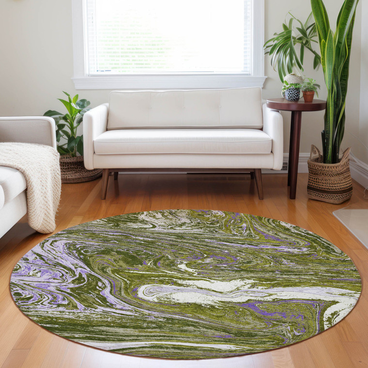 8' Olive Green Purple And Beige Round Abstract Washable Indoor Outdoor Area Rug
