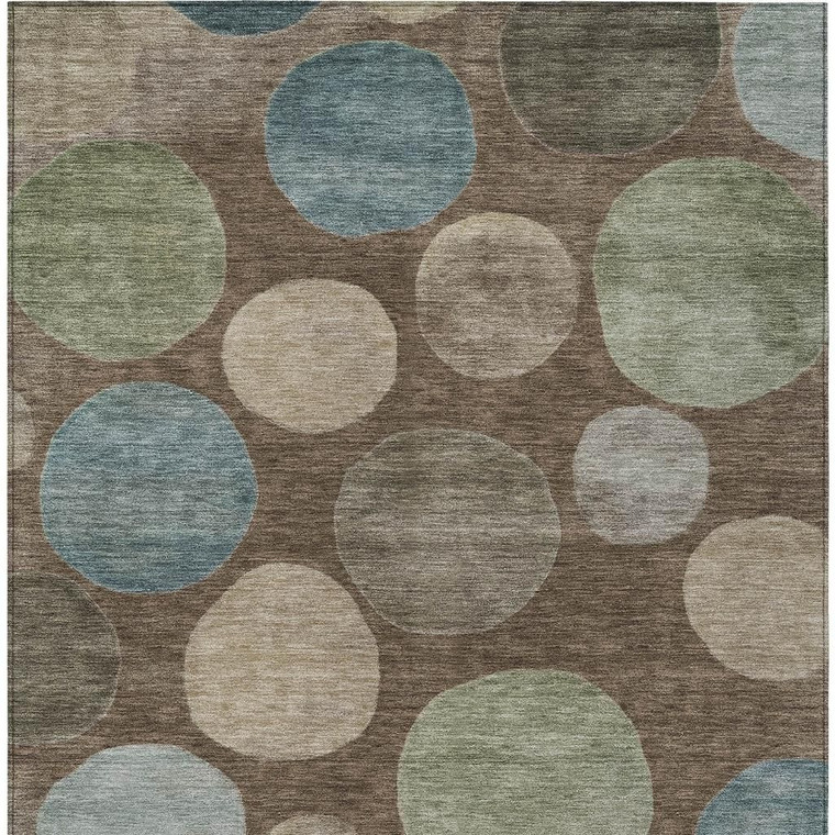 8' X 10' Chocolate Fern Green And Teal Blue Geometric Washable Indoor Outdoor Area Rug