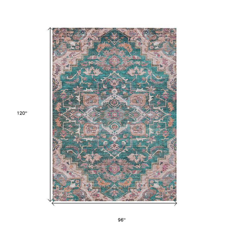 8' X 10' Emerald Teal Blue And Beige Oriental Washable Indoor Outdoor Area Rug