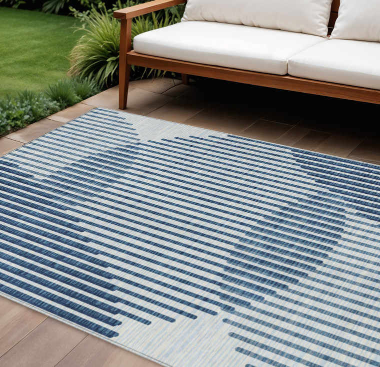 9' X 12' Blue And Ivory Geometric Washable Indoor Outdoor Area Rug Transitional Style - Blue, Ivory Color