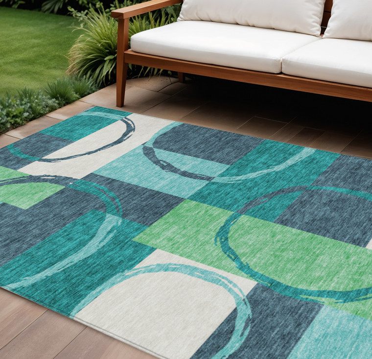 8' X 10' Teal Blue And Green Geometric Washable Indoor Outdoor Area Rug