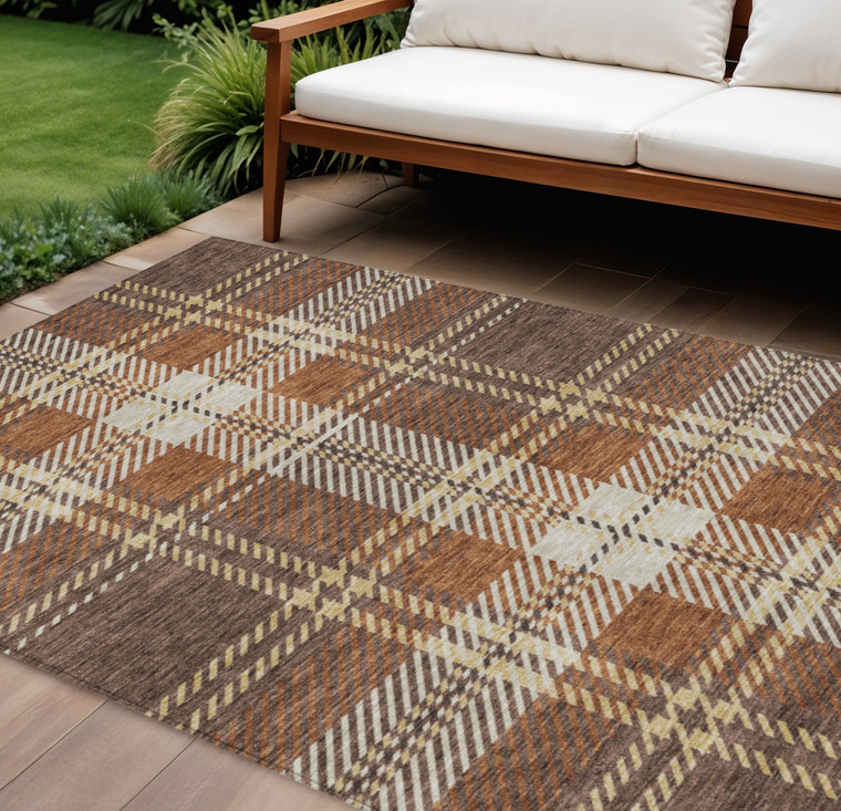 10' X 14' Chocolate Copper And Gold Plaid Washable Indoor Outdoor Area Rug