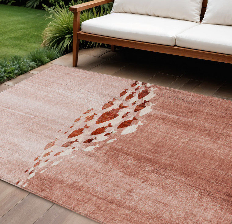 8' X 10' Terra Cotta Copper And Ivory Nautical Washable Indoor Outdoor Area Rug