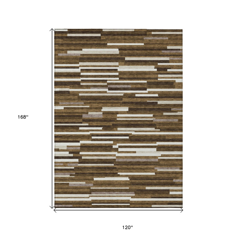 10' X 14' Brown And Ivory Striped Washable Indoor Outdoor Area Rug - Brown, Ivory