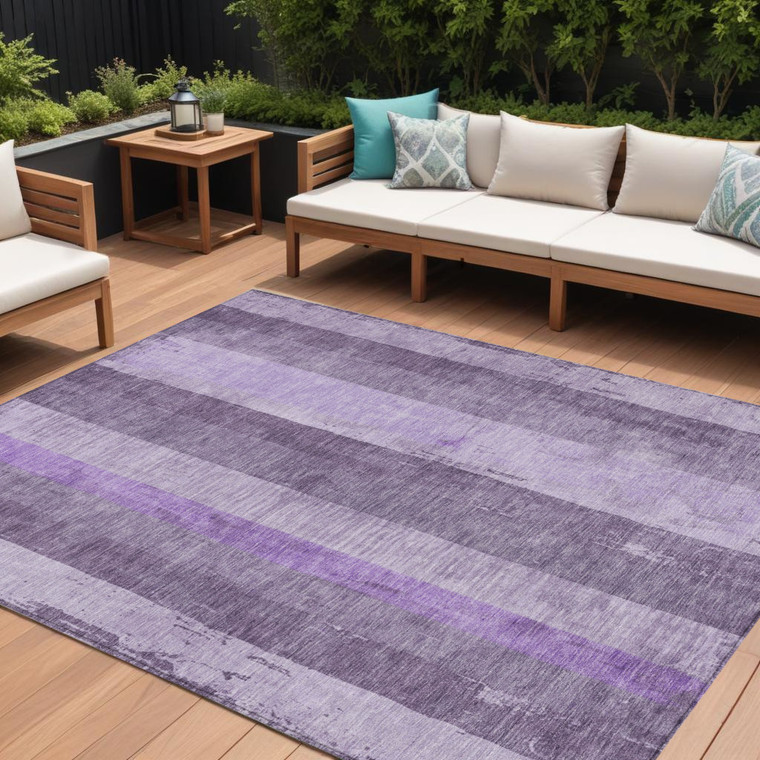 8' X 10' Purple And Lilac Striped Washable Indoor Outdoor Area Rug