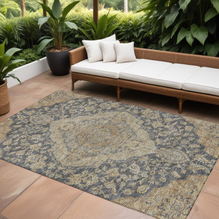 10' X 14' Charcoal Gray And Brown Oriental Washable Indoor Outdoor Area Rug