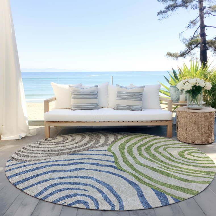 8' Beige Taupe And Green Round Abstract Washable Indoor Outdoor Area Rug