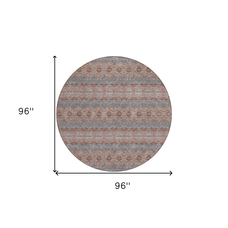8' Orange Copper And Gray Round Floral Medallion Washable Indoor Outdoor Area Rug