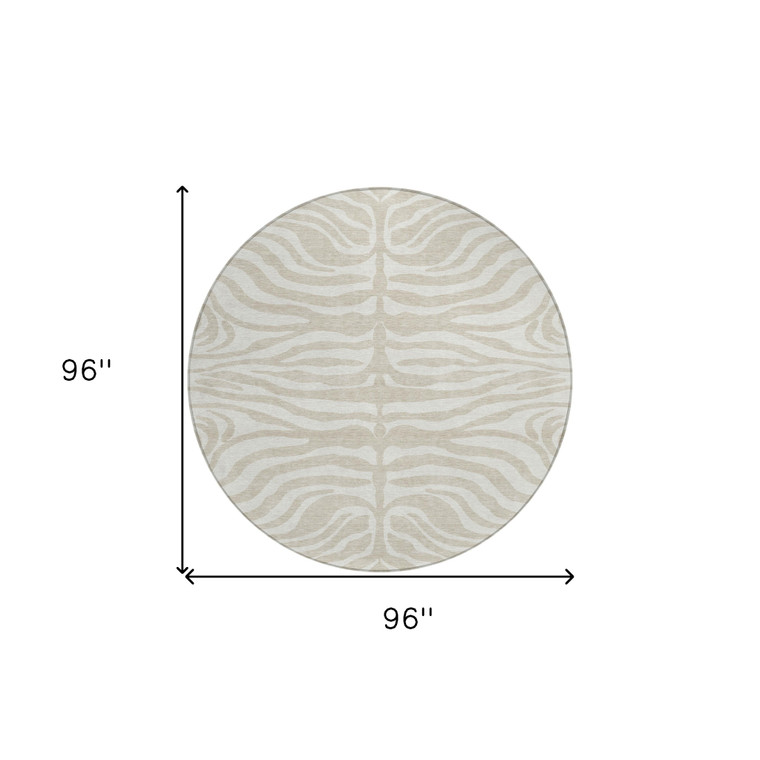 8' Beige And Tan Round Animal Print Washable Indoor Outdoor Area Rug