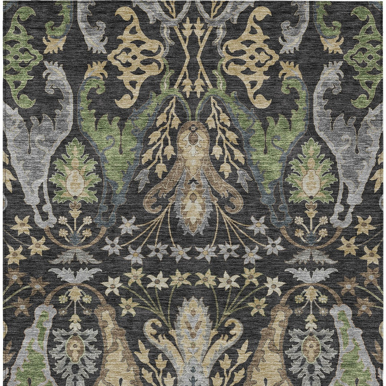 10' X 14' Black Green And Brown Floral Washable Indoor Outdoor Area Rug