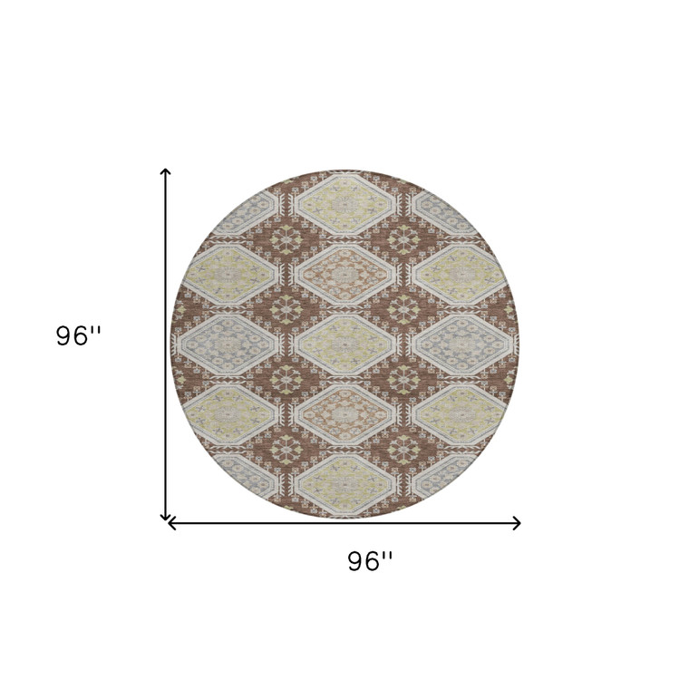 8' Chocolate And Beige Round Floral Washable Indoor Outdoor Area Rug - Chocolate, Beige