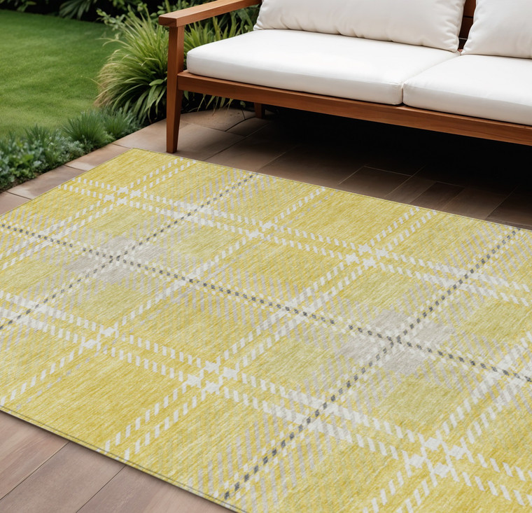 8' X 10' Yellow Black And Ivory Plaid Washable Indoor Outdoor Area Rug