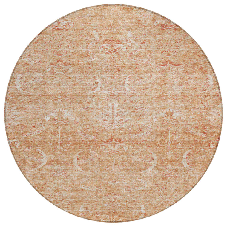 8' Salmon And Terra Cotta Round Damask Washable Indoor Outdoor Area Rug