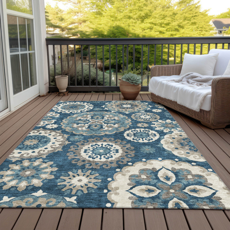 9' X 12' Navy Blue And Taupe Floral Medallion Washable Indoor Outdoor Area Rug