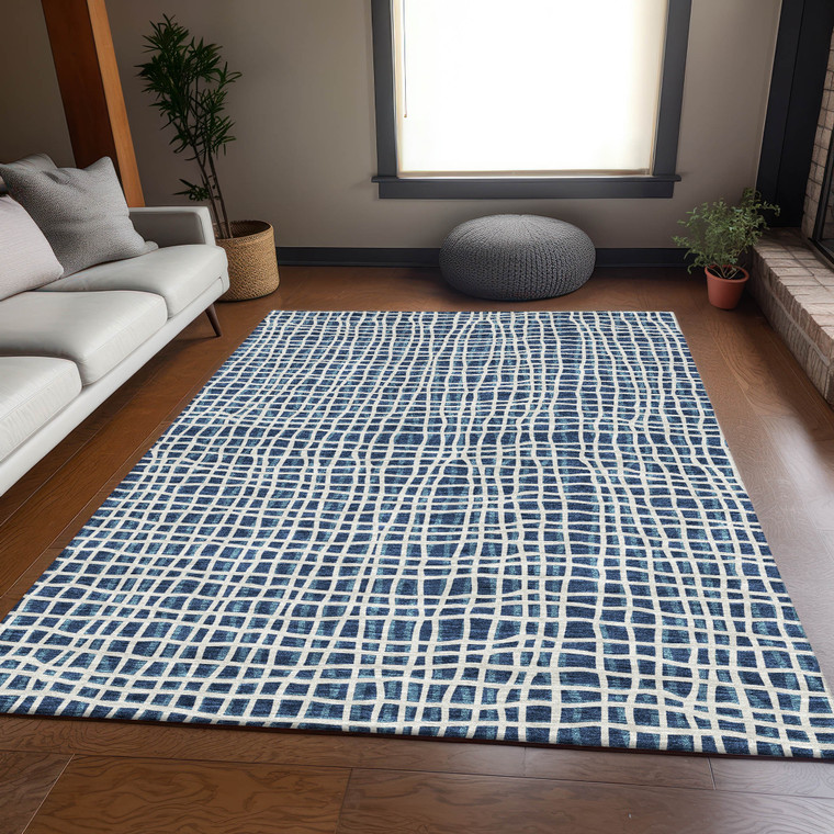 8' X 10' Navy Blue And Ivory Striped Washable Indoor Outdoor Area Rug