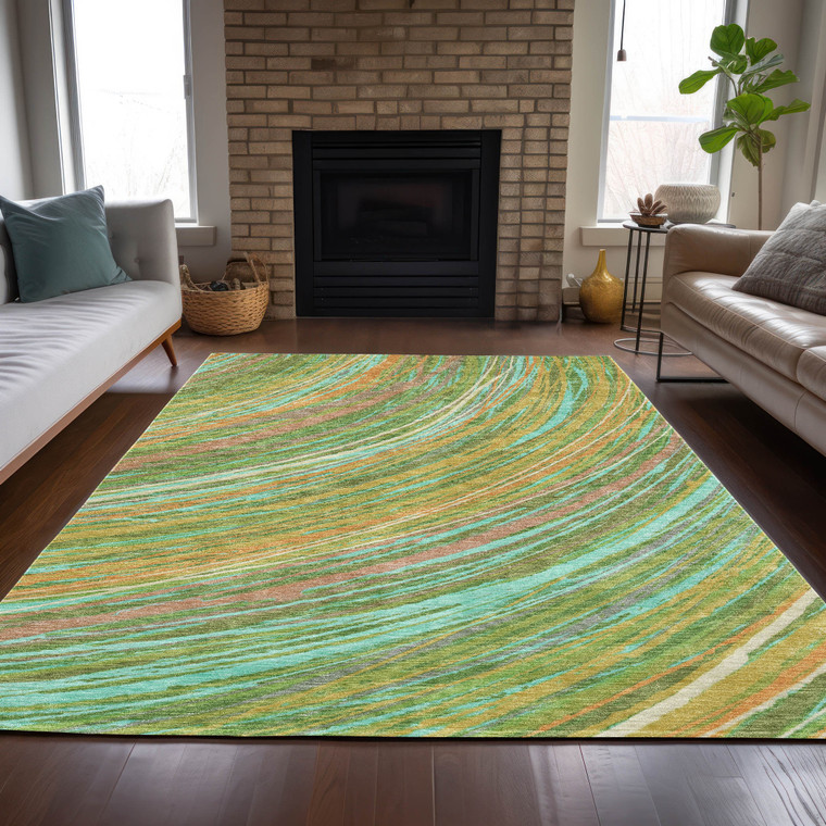 8' X 10' Green Peach And Gold Abstract Washable Indoor Outdoor Area Rug