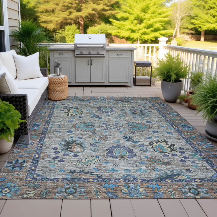 10' X 14' Pewter And Teal Blue Floral Washable Indoor Outdoor Area Rug
