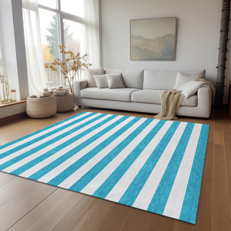10' X 14' Teal and White Striped Washable Indoor Outdoor Area Rug