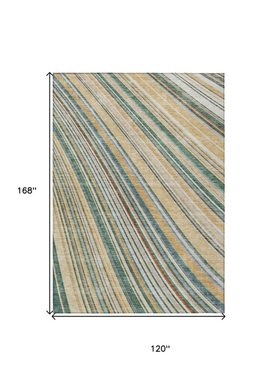 10' X 14' Beige Gold And Sage Striped Washable Indoor Outdoor Area Rug