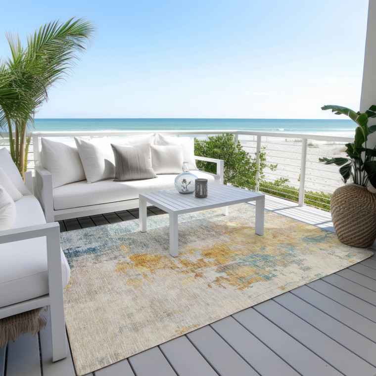 9' X 12' Linen Teal Blue And Copper Abstract Washable Indoor Outdoor Area Rug