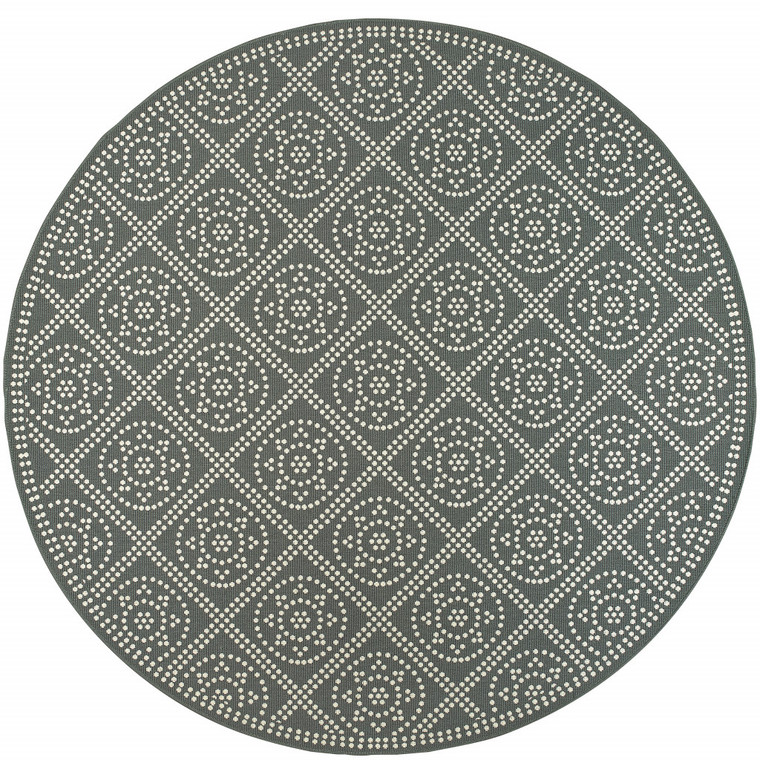 8' Round Grey Round Geometric Stain Resistant Indoor Outdoor Area Rug - 606114685647