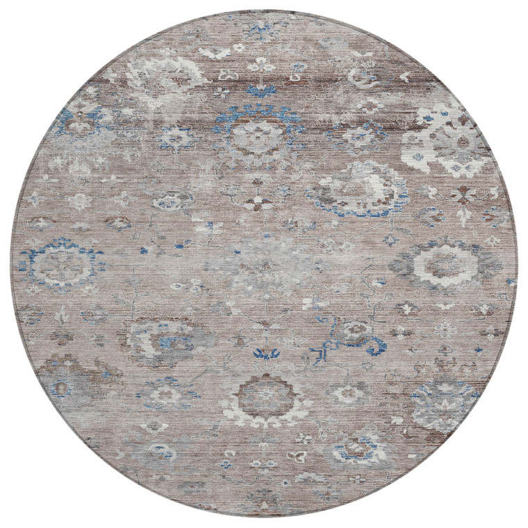 8' Taupe And Brown Round Floral Washable Indoor Outdoor Area Rug
