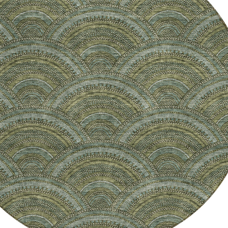 8' Olive Green Fern Green And Silver Round Geometric Washable Indoor Outdoor Area Rug