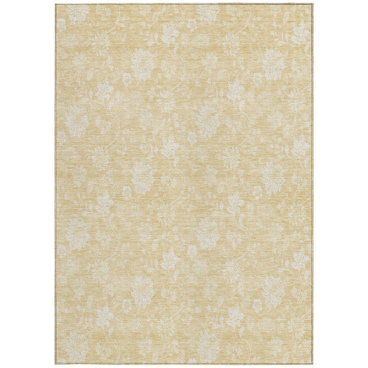 9' X 12' Yellow Wheat And Ivory Floral Washable Indoor Outdoor Area Rug