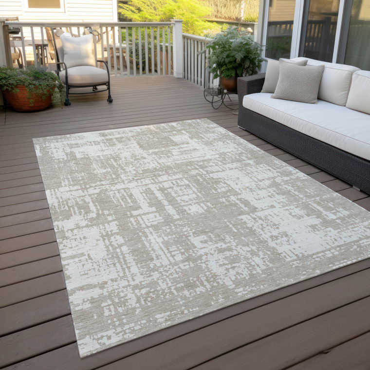 10' X 14' Taupe And Ivory Abstract Washable Indoor Outdoor Area Rug - Taupe, Ivory