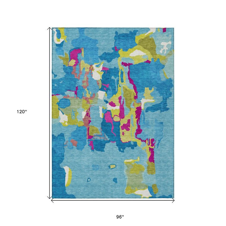 8' X 10' Aqua Green And Pink Abstract Washable Indoor Outdoor Area Rug