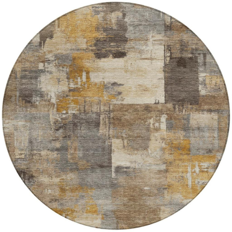 8' Brown Beige And Charcoal Round Abstract Washable Indoor Outdoor Area Rug