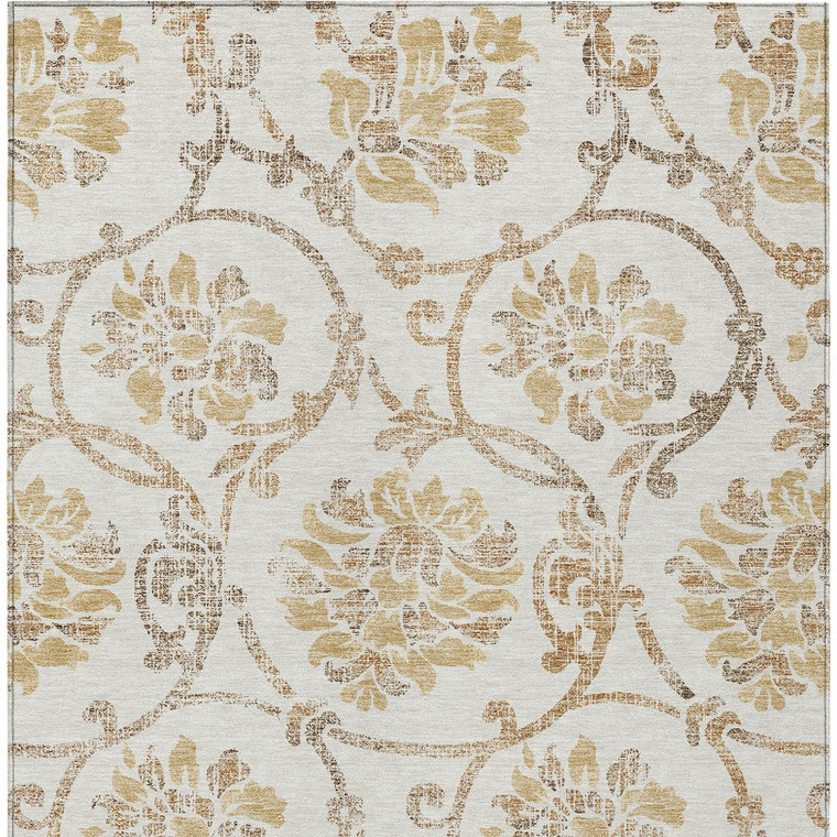 8' X 10' Ivory Beige And Gold Floral Washable Indoor Outdoor Area Rug