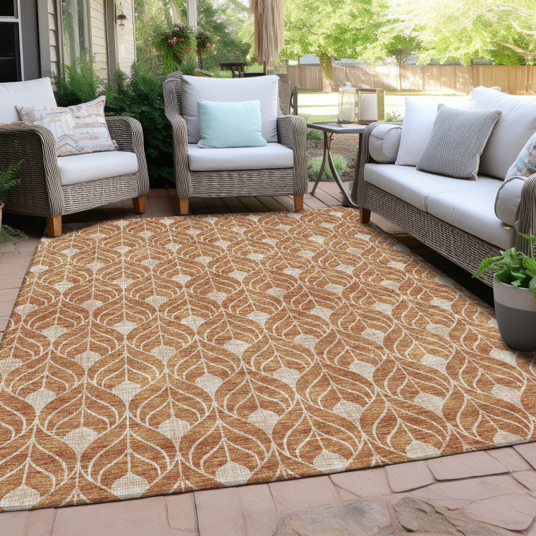 9' X 12' Copper And Beige Geometric Washable Indoor Outdoor Area Rug - 608219358198
