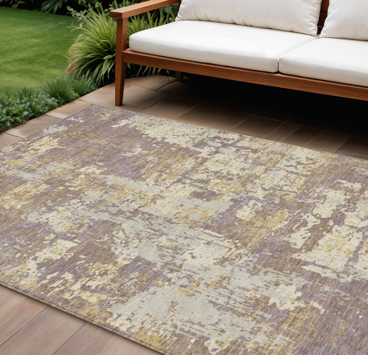 8' X 10' Lavender Gold And Beige Abstract Washable Indoor Outdoor Area Rug