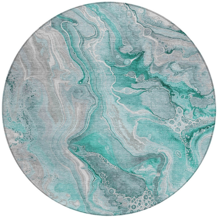 8' Teal Blue And Ivory Round Abstract Washable Indoor Outdoor Area Rug - Teal Blue, Ivory