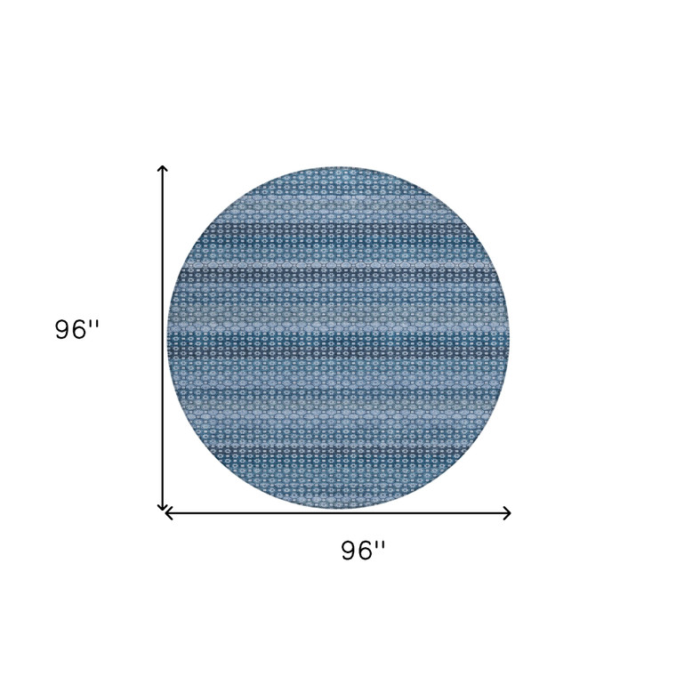 8' Denim Blue And Sky Blue Round Striped Washable Indoor Outdoor Area Rug - Denim Blue, Sky Blue