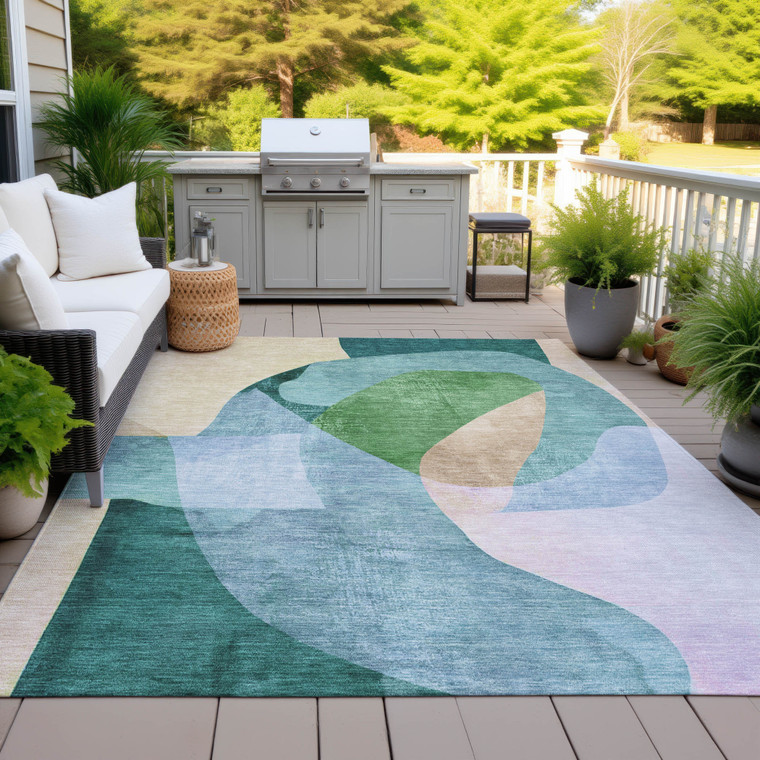 8' X 10' Green And Teal Blue Abstract Washable Indoor Outdoor Area Rug