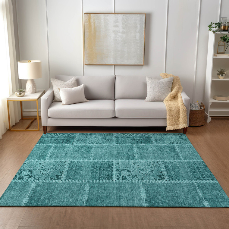 8' X 10' Turquoise Teal Blue And Aqua Patchwork Washable Indoor Outdoor Area Rug