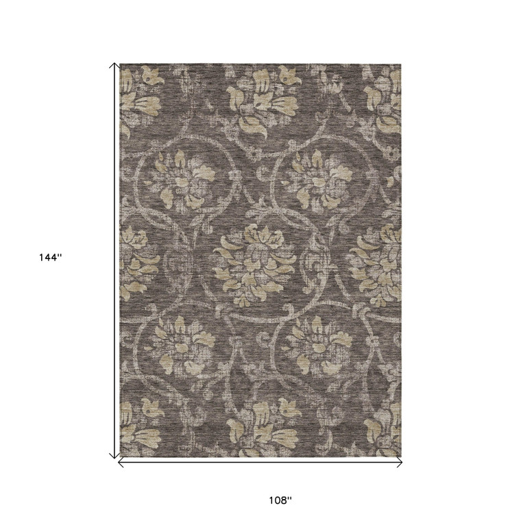 9' X 12' Brown Beige And Taupe Floral Washable Indoor Outdoor Area Rug - Brown, Beige, Taupe